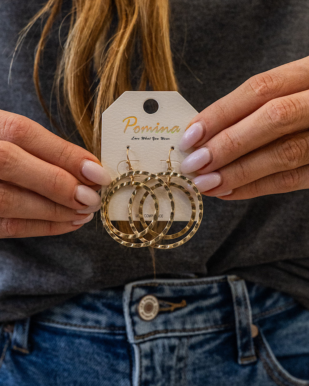 Hammered Double Circle Dangle Earrings - Gold Trendy Wholesale