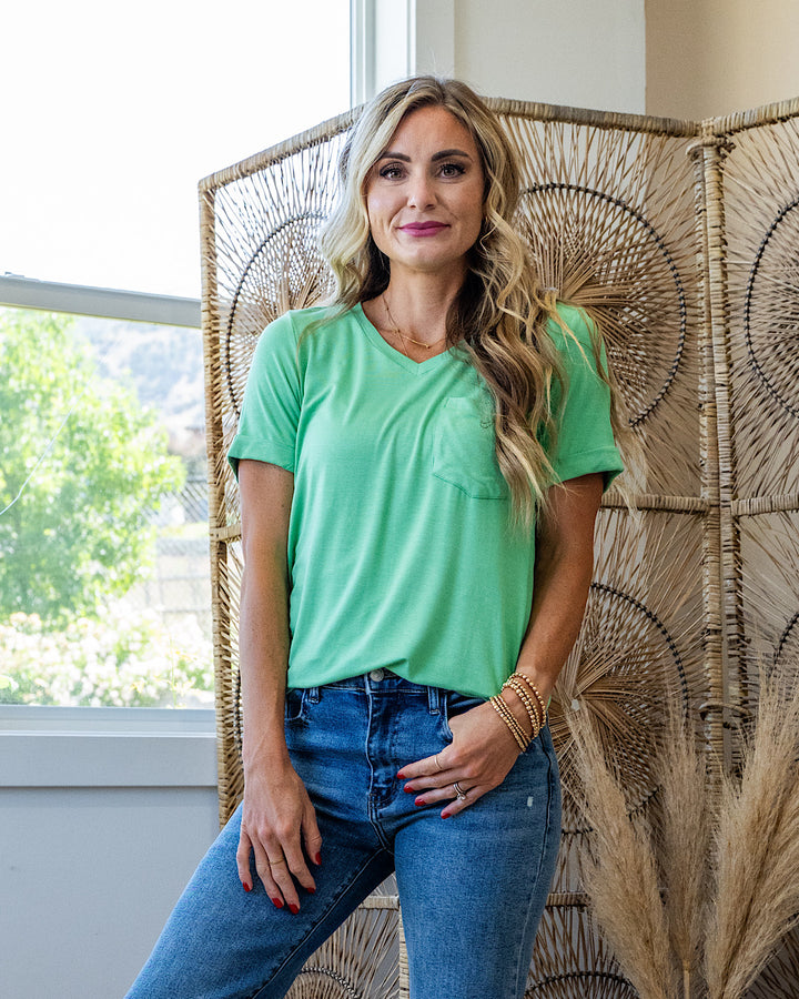 Step Right Out V Neck Pocket Top - Mint Michelle Mae