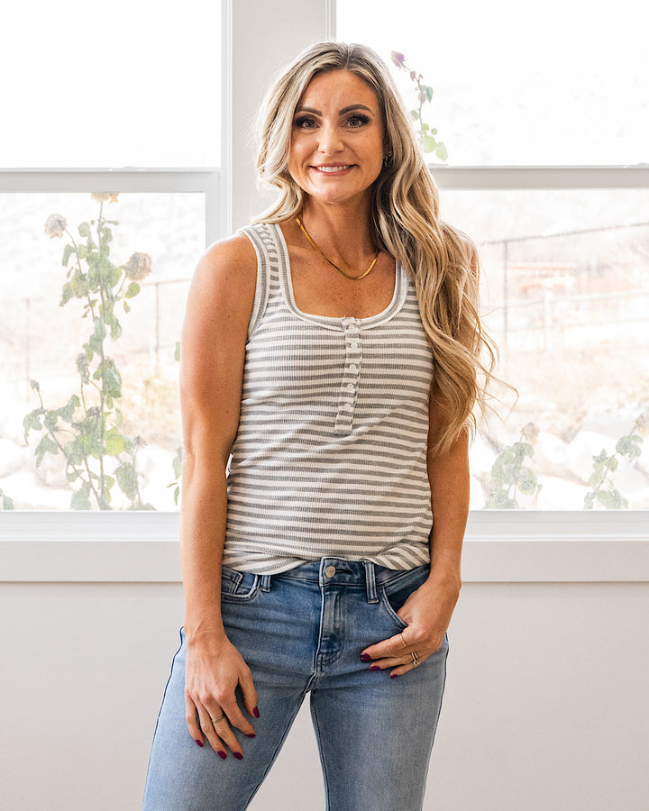 NEW! Adelle Striped Henley Tank - Heather Gray Very J