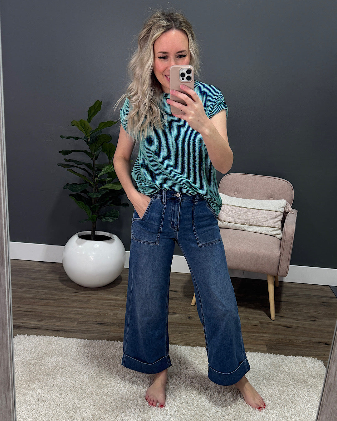 Vervet Maggie Roll Hem Elastic Waist Wide Leg Jeans Vervet