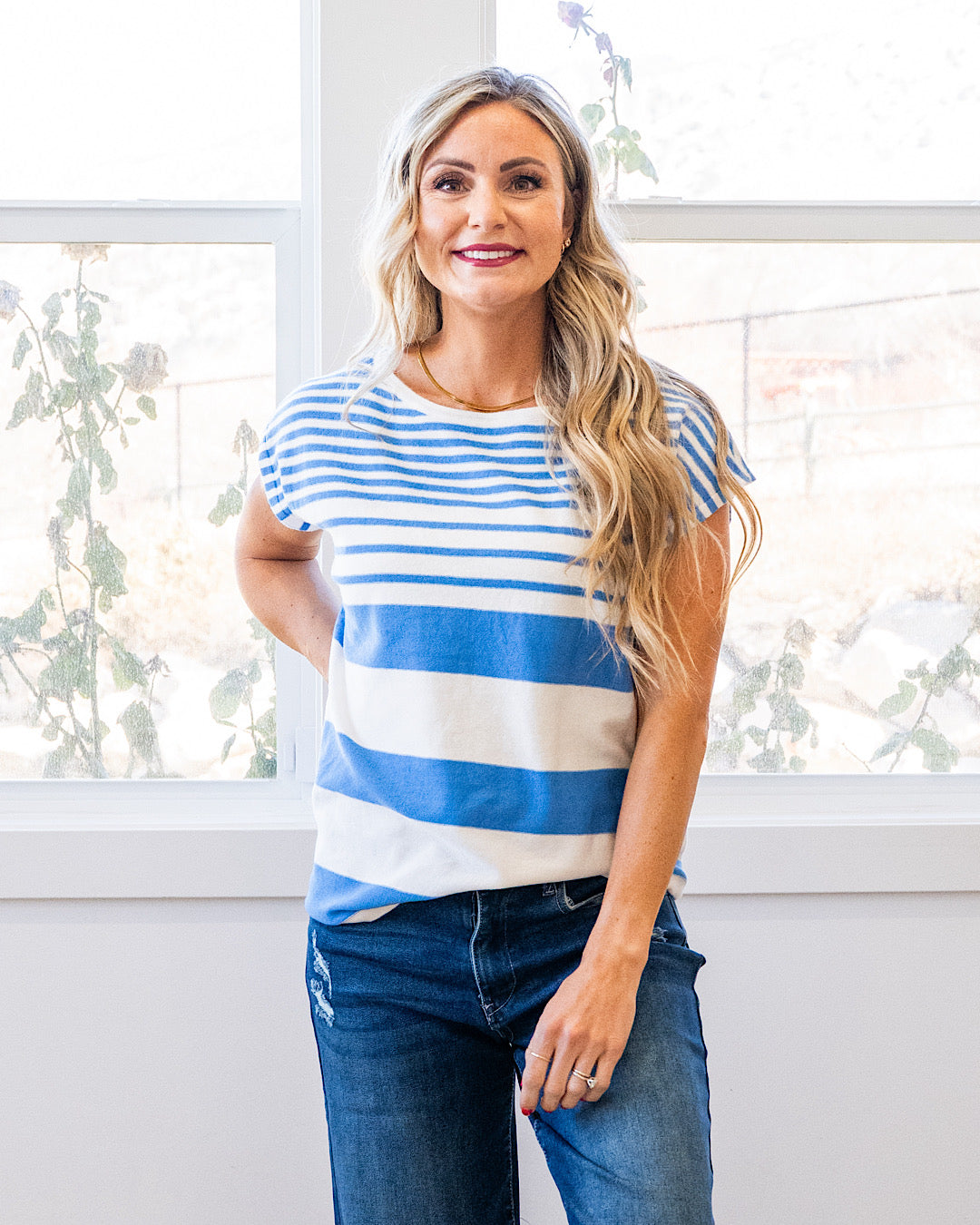 NEW! Delilah Striped Short Sleeve Sweater - Blue