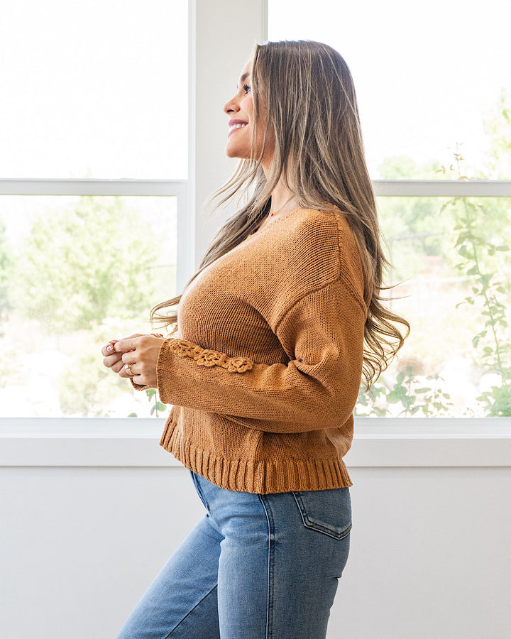 NEW! Ella Crochet Sleeve Sweater - Camel Michelle Mae