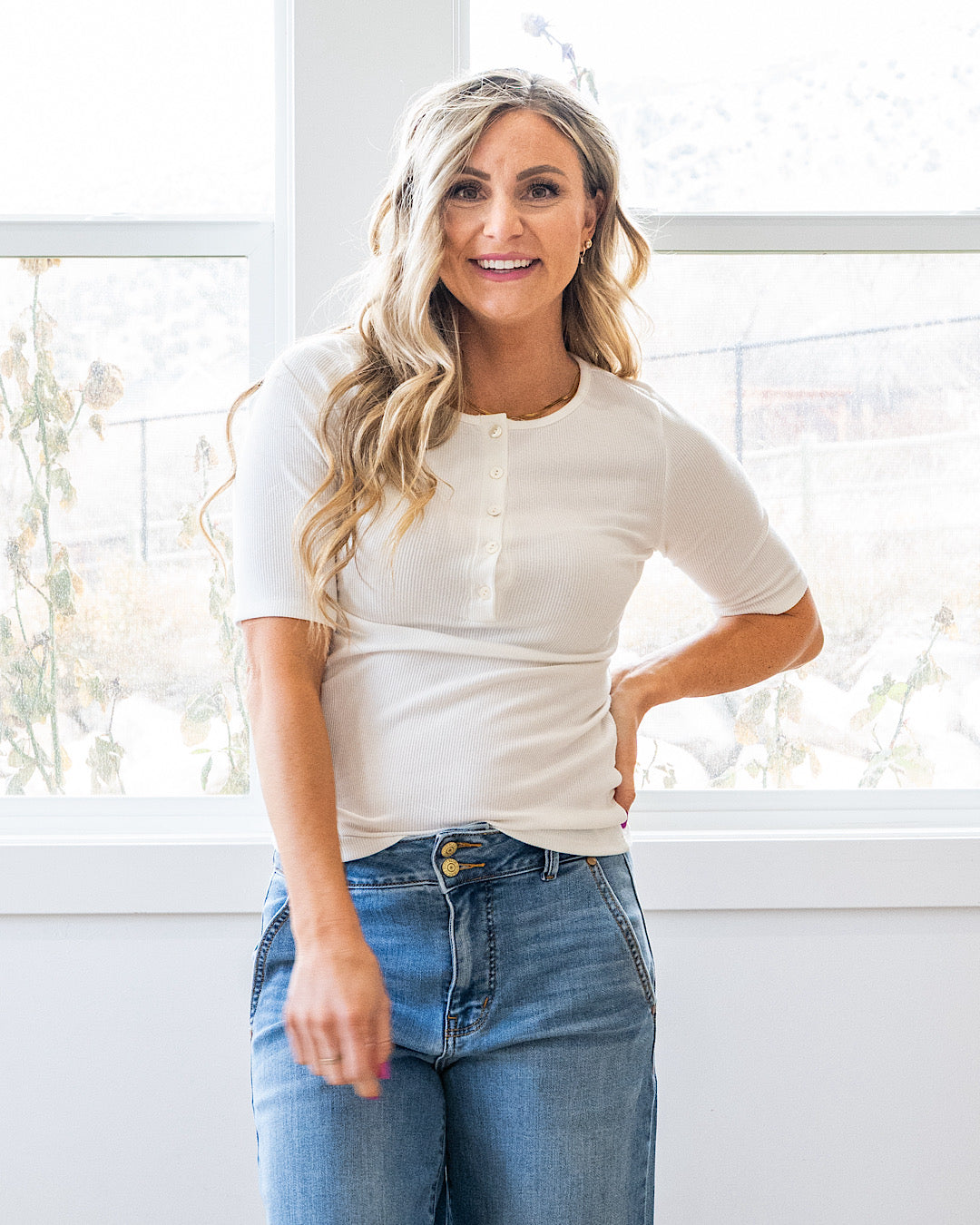 NEW! Emmy Micro Ribbed Henley Top - Ivory Lovely Melody