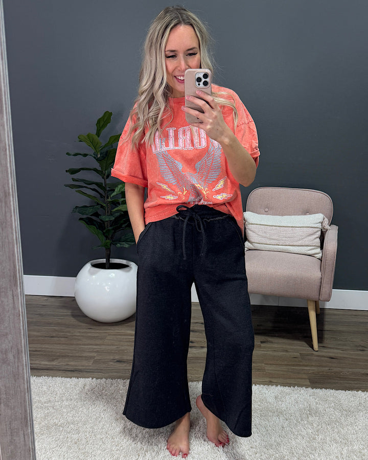 Cropped Wide Leg Comfy Pants - Black Zenana