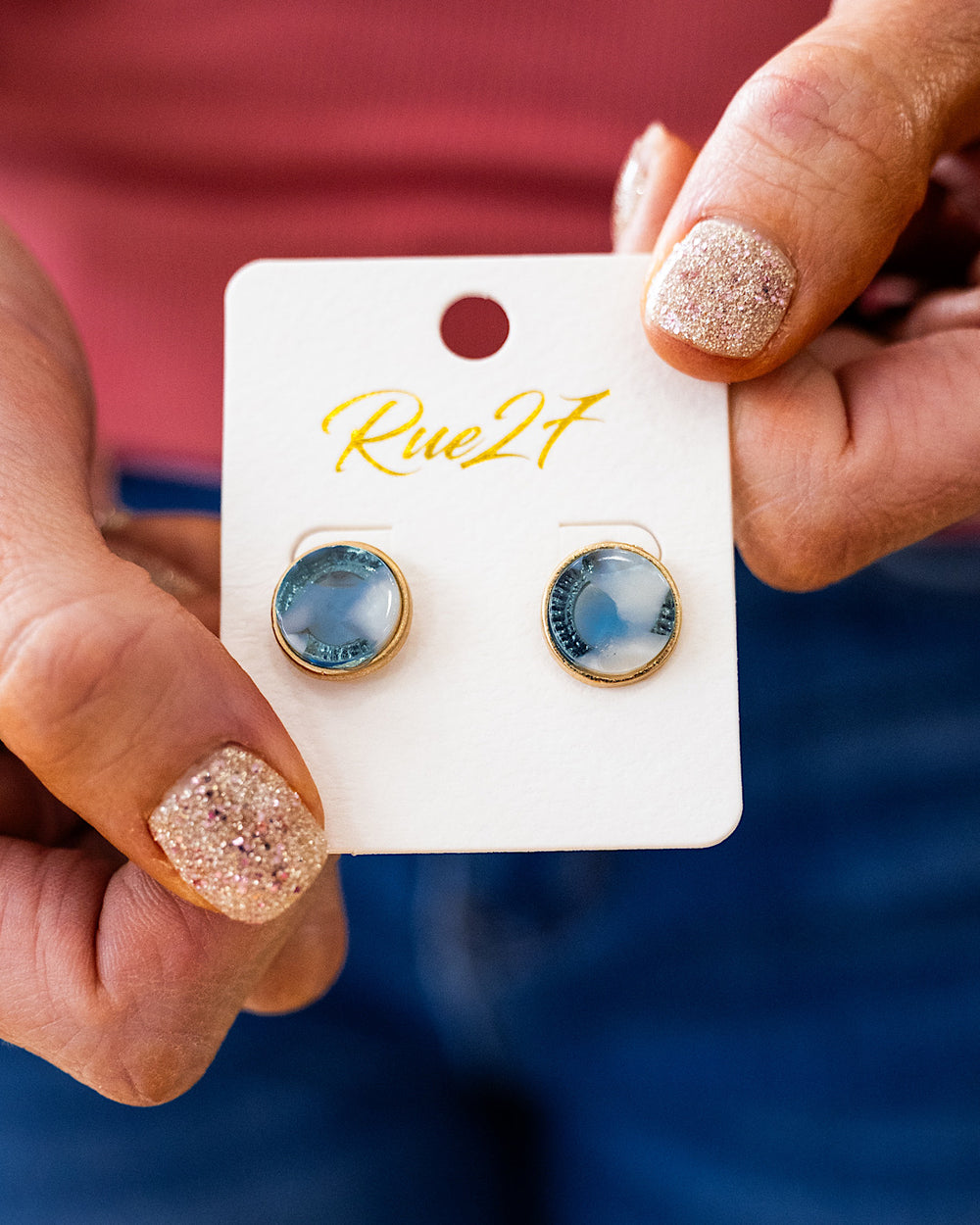 Gold and Blue Marble Circle Earrings SALE Trendy Wholesale