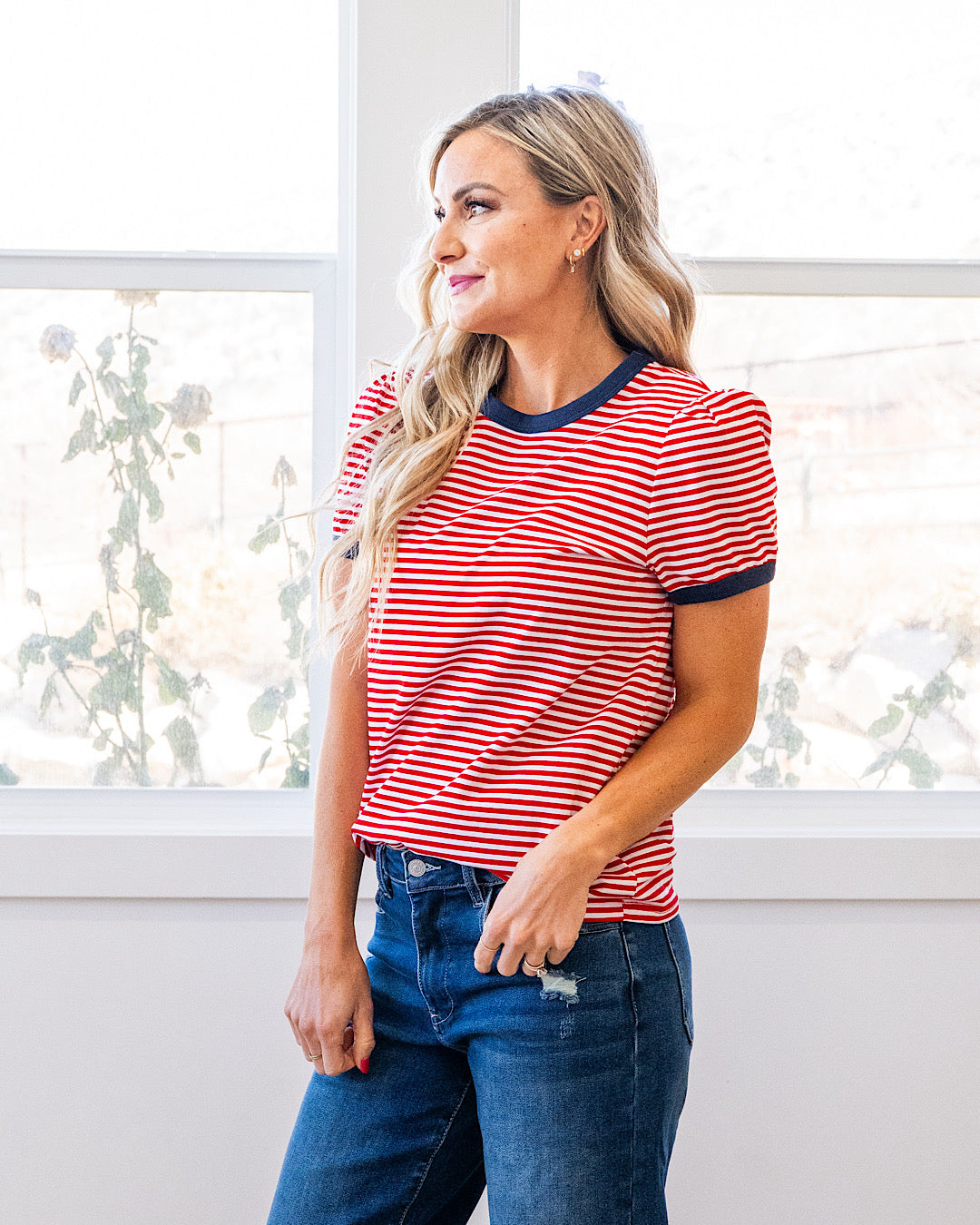 Mandy Puff Sleeve Striped Top - Red & Navy Staccato