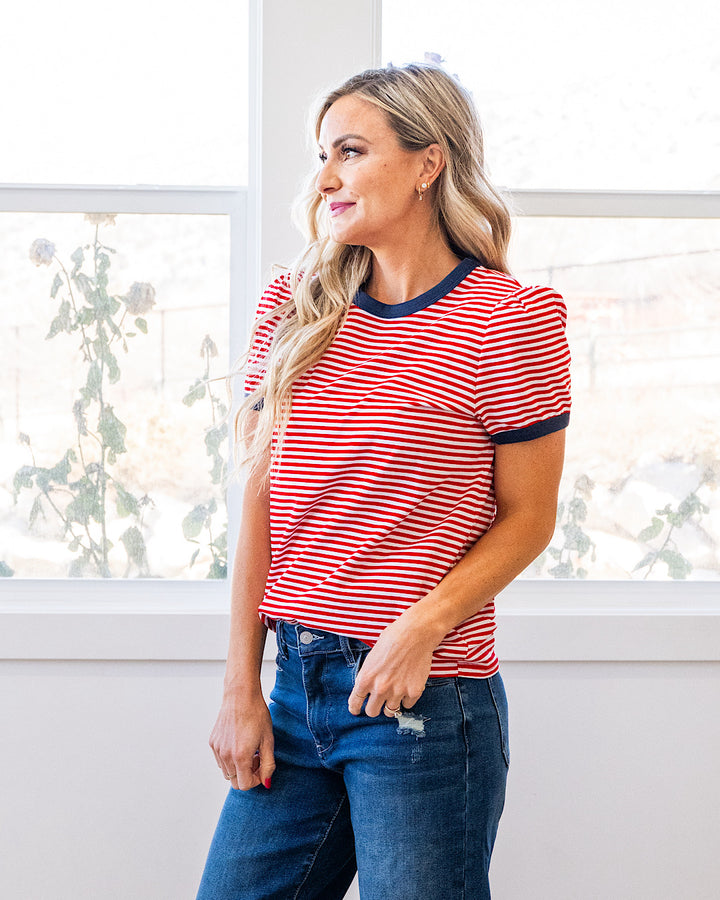 Mandy Puff Sleeve Striped Top - Red & Navy Staccato