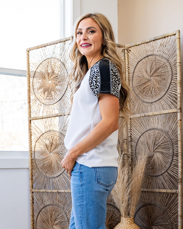 Robin Corded V Neck Top with Leopard Detail - Ivory & Black FINAL SALE Lovely Melody