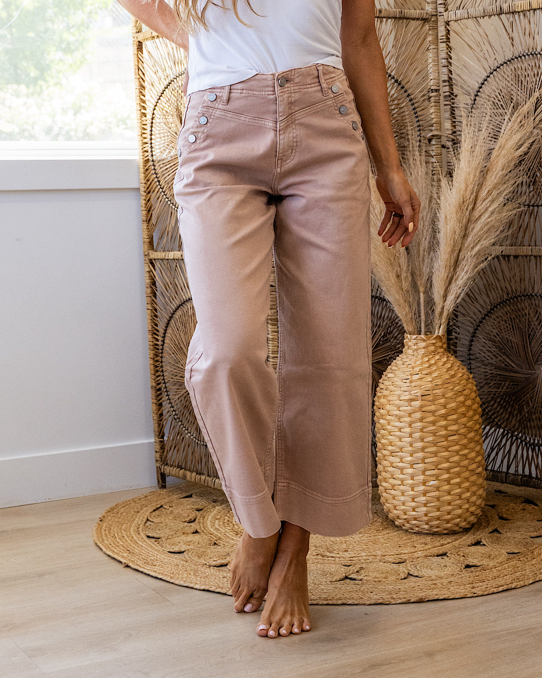 KanCan Harper Snap Detail Cropped Wide Leg Jeans - Dusty Rose KanCan