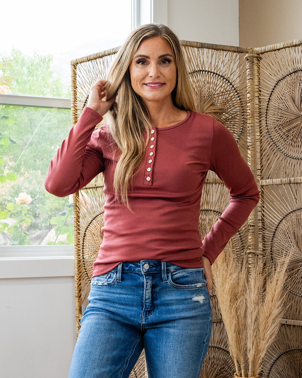 Tatum Micro Ribbed Henley Top - Dark Rose SALE Lovely Melody