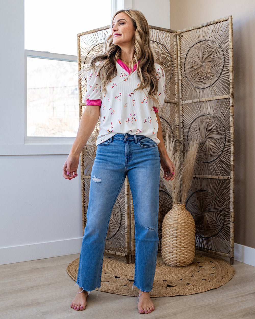 Marissa Ribbed Floral V Neck Top - Ivory FINAL SALE Lovely Melody