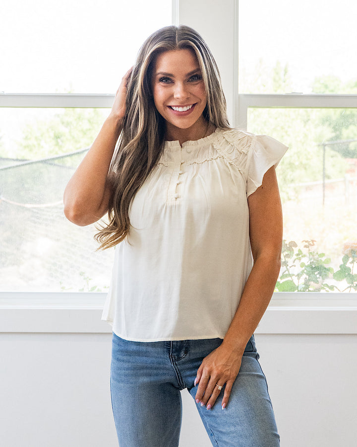 NEW! Raya Ruffled Henley Blouse - Ivory Mine
