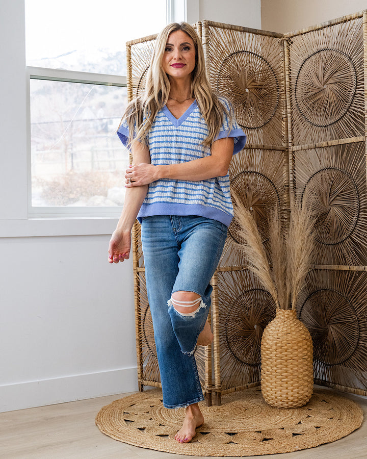This Love Textured Striped V Neck Top - Chambray SALE Lovely Melody