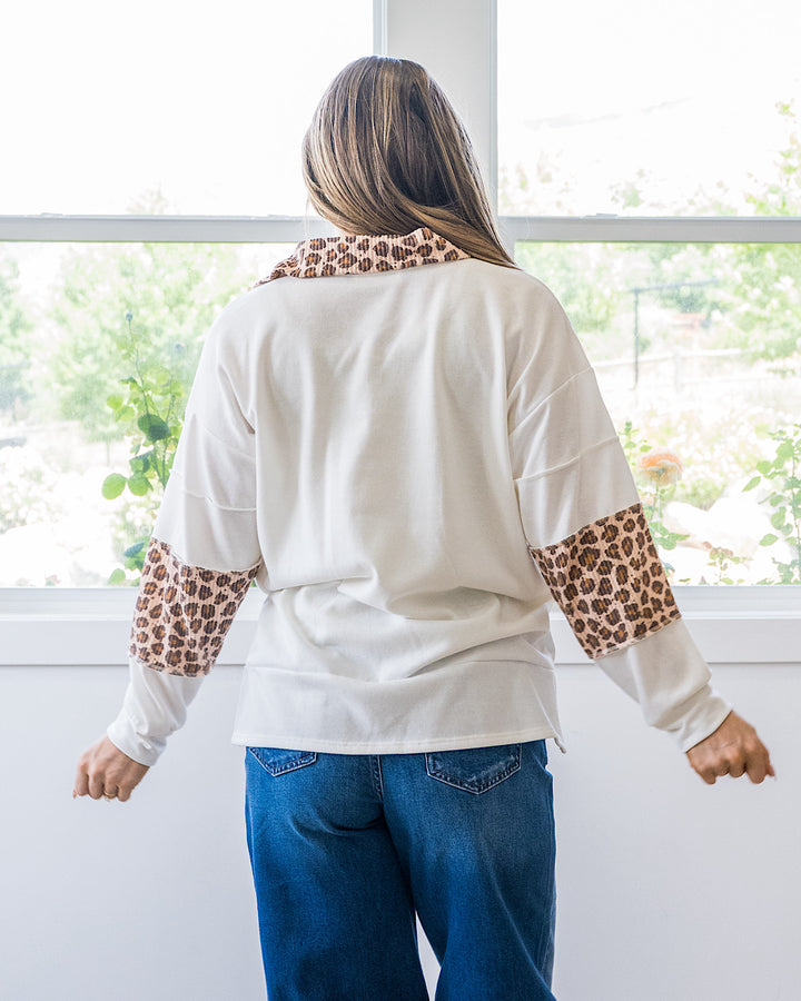 Jana Leopard Color Block Collared Top - Ivory Lovely Melody