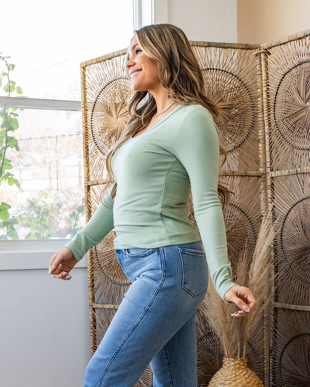 Jess Long Sleeve Knit Scoop Neck Top - Mint Be Cool