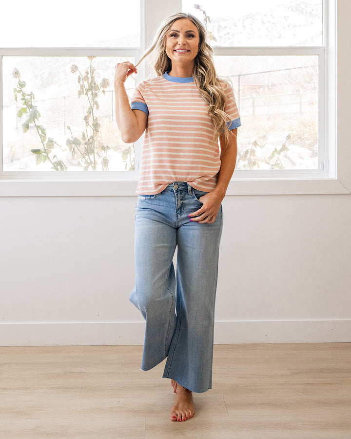 NEW! Asher Contrast Striped Cloud Knit Top - Dusty Rose & Blue Tres Bien