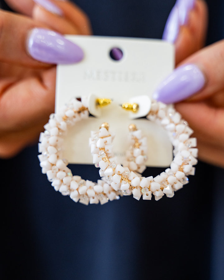 Ivory Stone and Crystal Beaded Open Hoop Earrings Crystals Trading Inc.