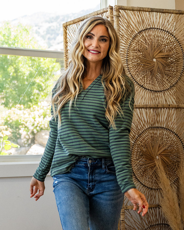 Laurel Striped V Neck Cozy Pullover - Color Options Available! Staccato Sage