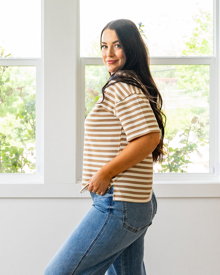 Hazel Contrast Striped Top - Tan & Blue Mine