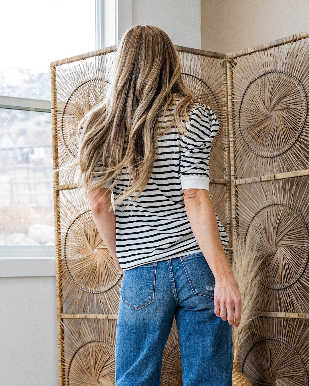 Hillary Striped Puff Sleeve Top - Black SALE Lovely Melody