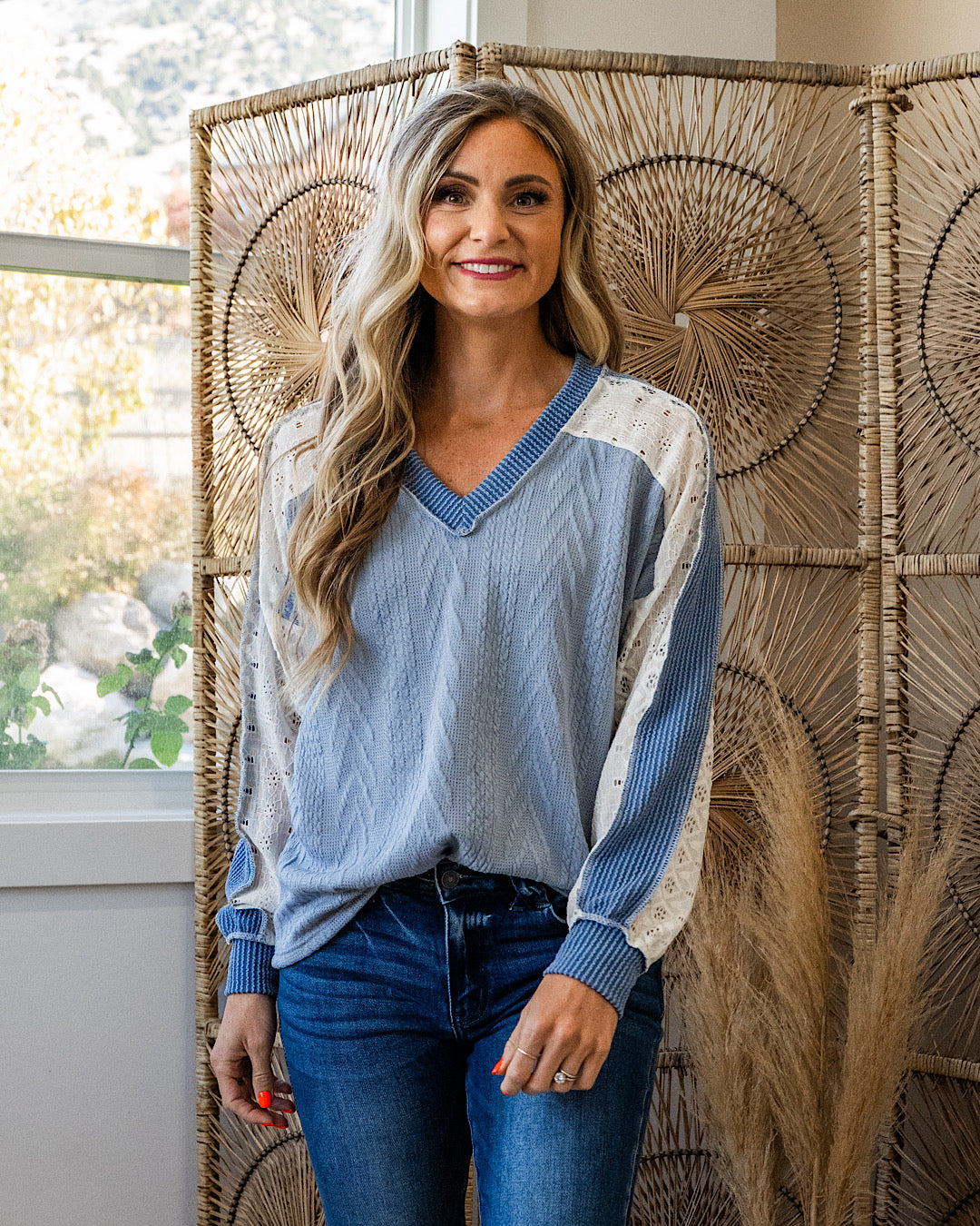 NEW! Angelique Mixed Fabric V Neck Top - Blue Lovely Melody