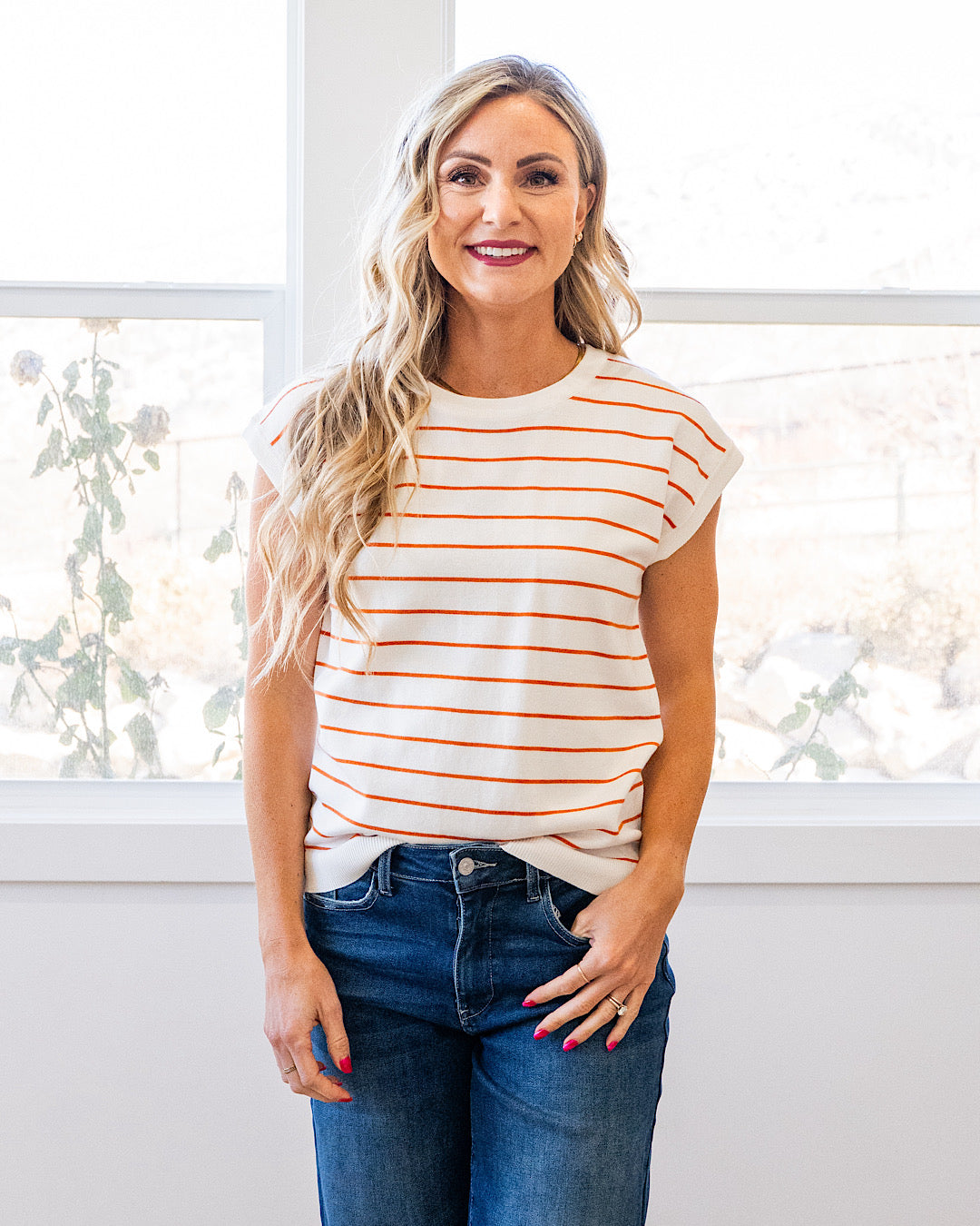 Allie Striped Short Sleeve Sweater - Ivory & Rust Staccato