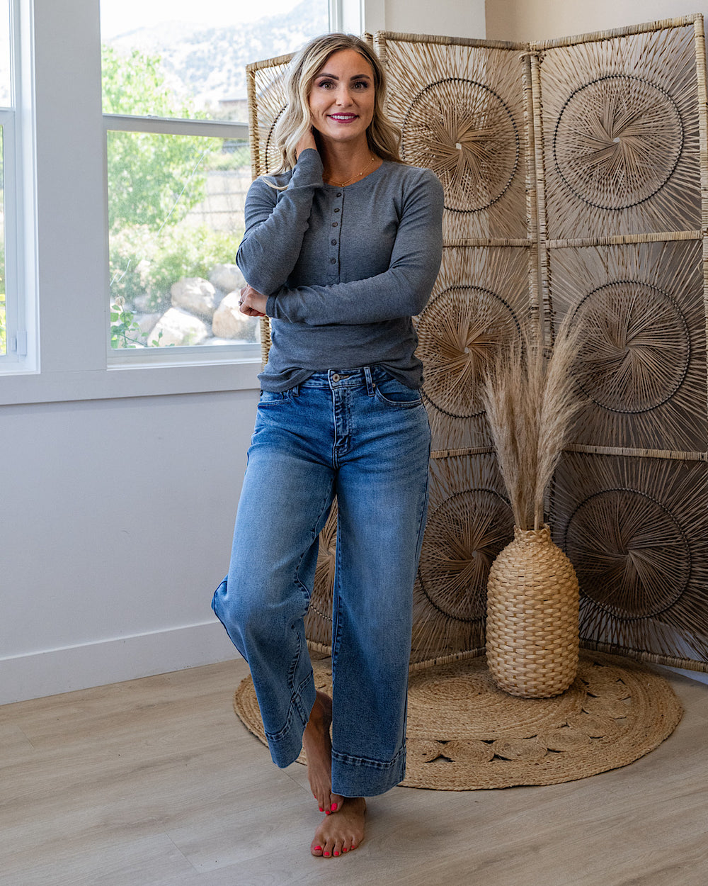 Cami Micro Ribbed Henley Top - Heather Gray Be Cool