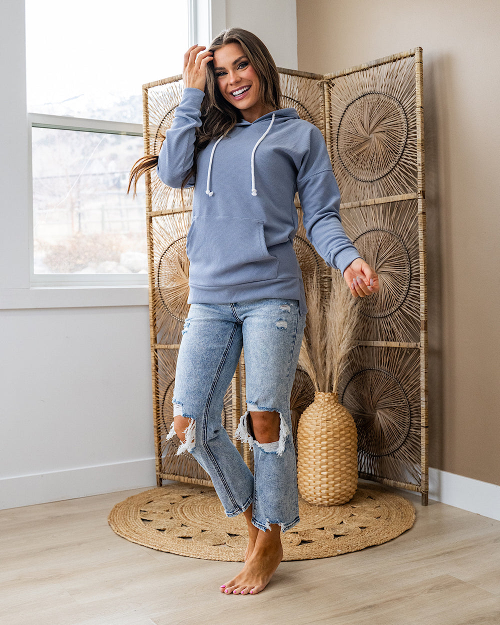 Kacey Ribbed Hoodie - Dusty Blue Michelle Mae