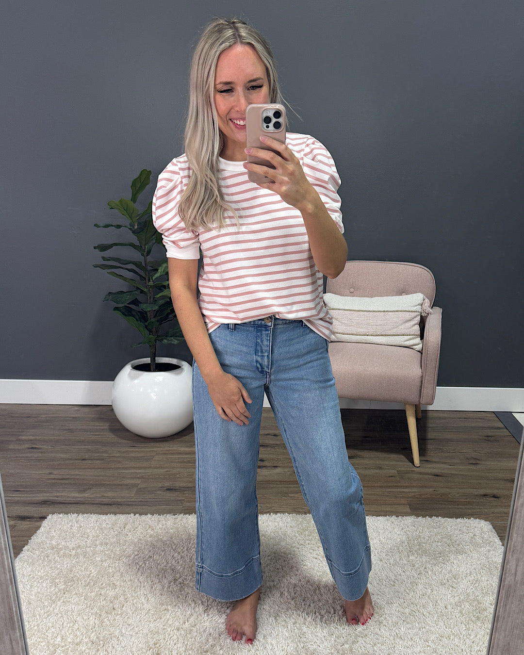 Hillary Striped Puff Sleeve Top - Pink FINAL SALE Lovely Melody