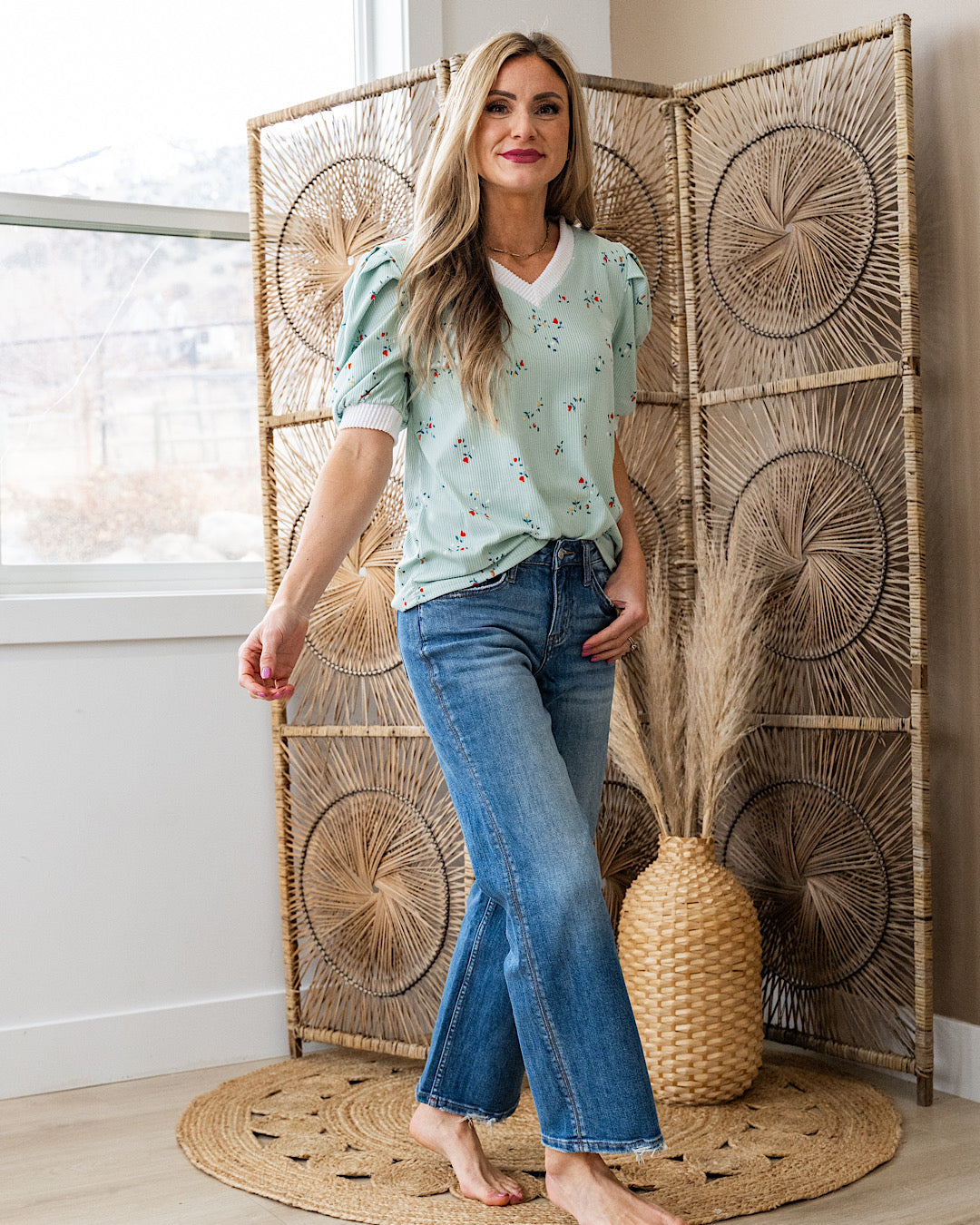 Marissa Ribbed Floral V Neck Top - Sage FINAL SALE Lovely Melody