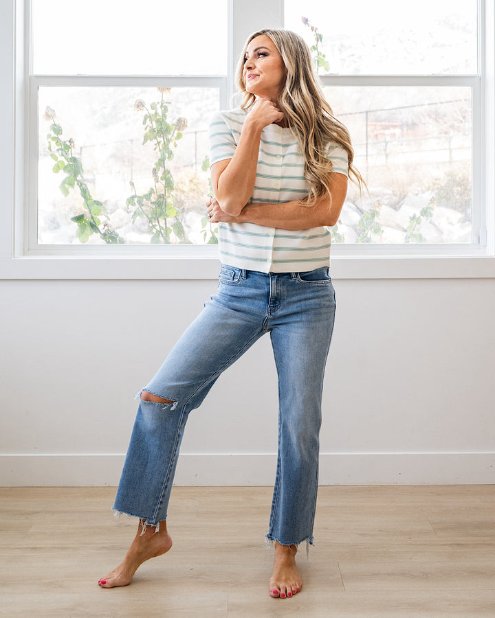 Courtney Striped Short Sleeve Cardigan - Seafoam Be Cool