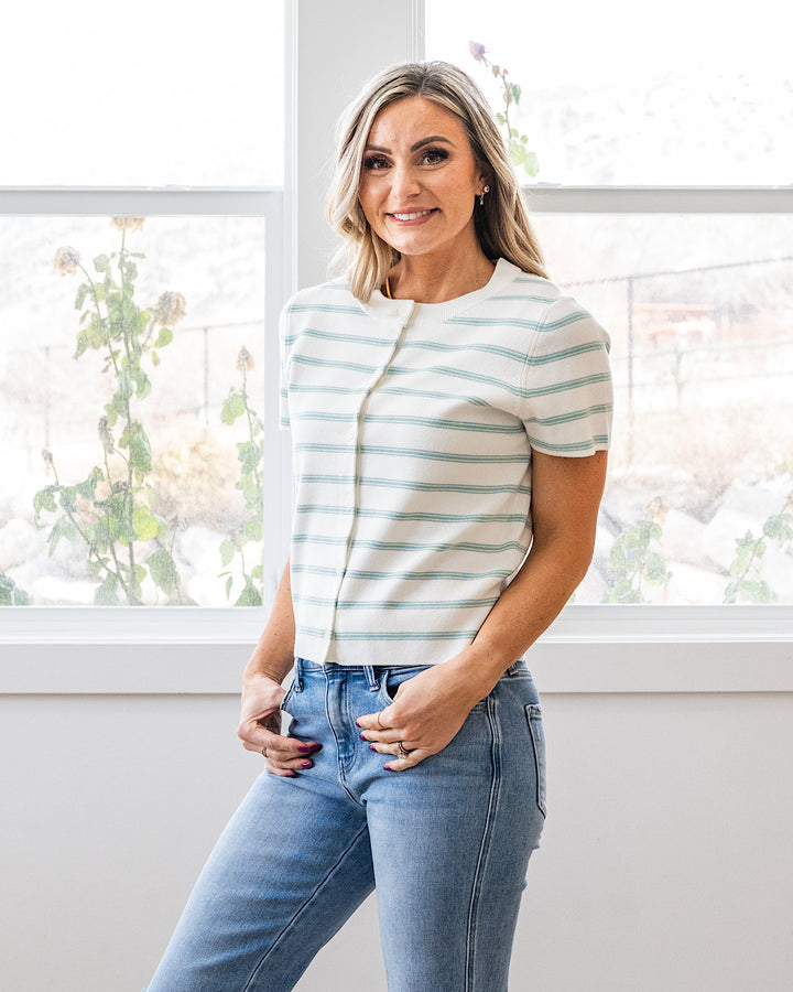 Courtney Striped Short Sleeve Cardigan - Seafoam Be Cool