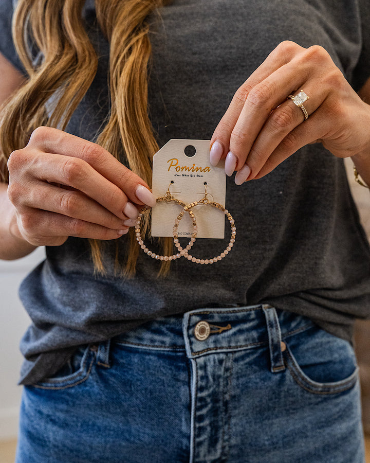 Glass and Metal Beaded Circle Earrings - Gold & Nude Trendy Wholesale