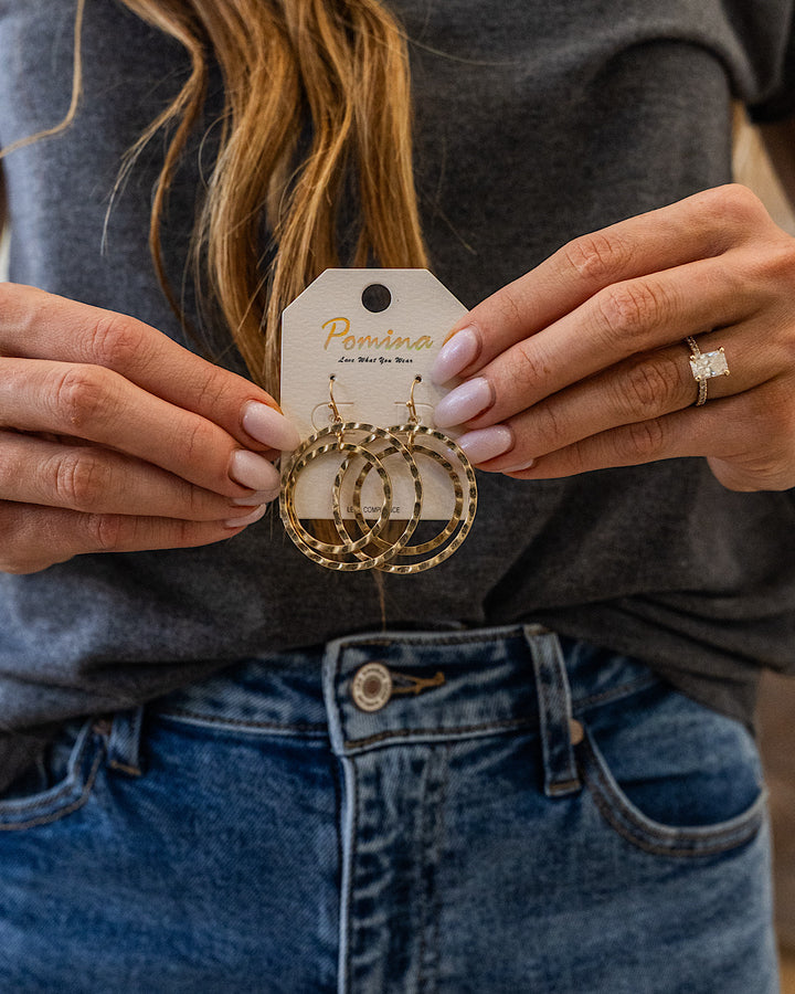 Hammered Double Circle Dangle Earrings - Gold Trendy Wholesale