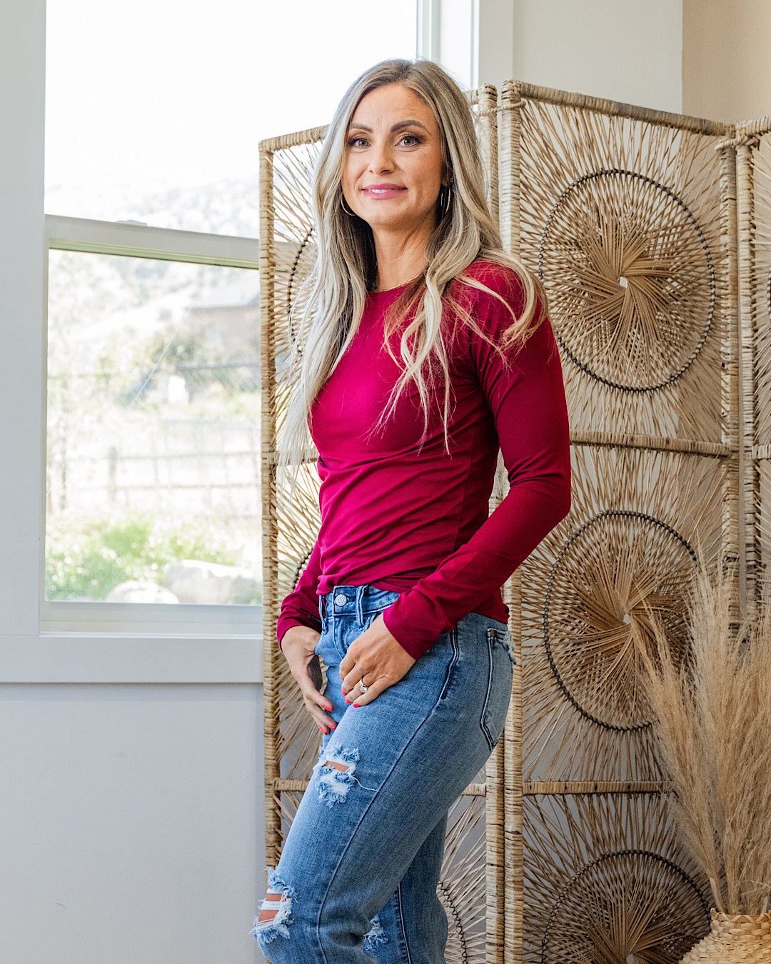 Favorite Crewneck Long Sleeve Top - Cabernet Zenana