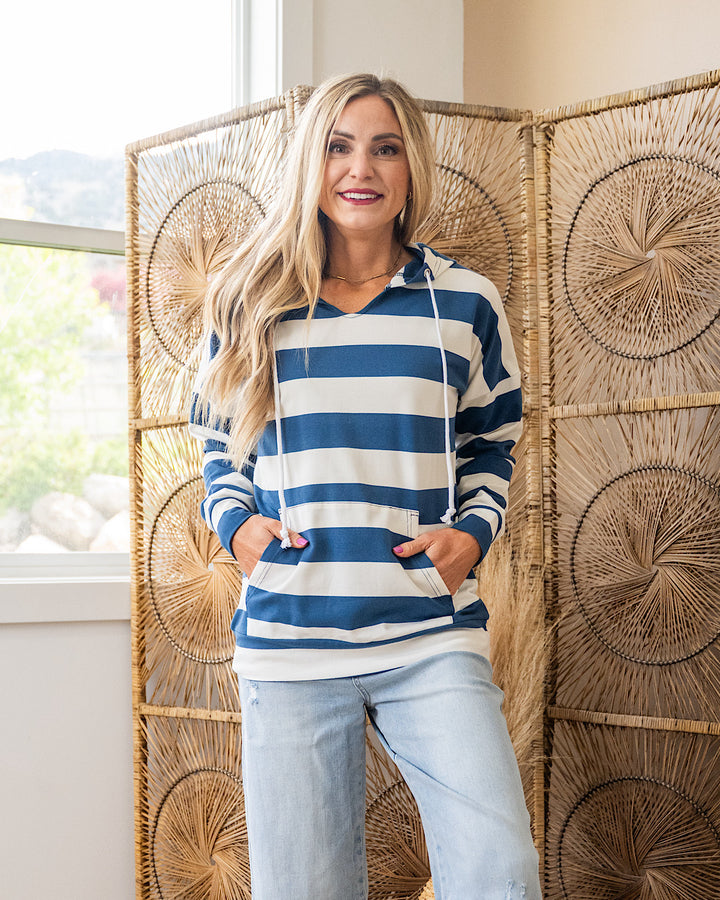 Rylie Striped Lightweight Hoodie - Navy and White Michelle Mae