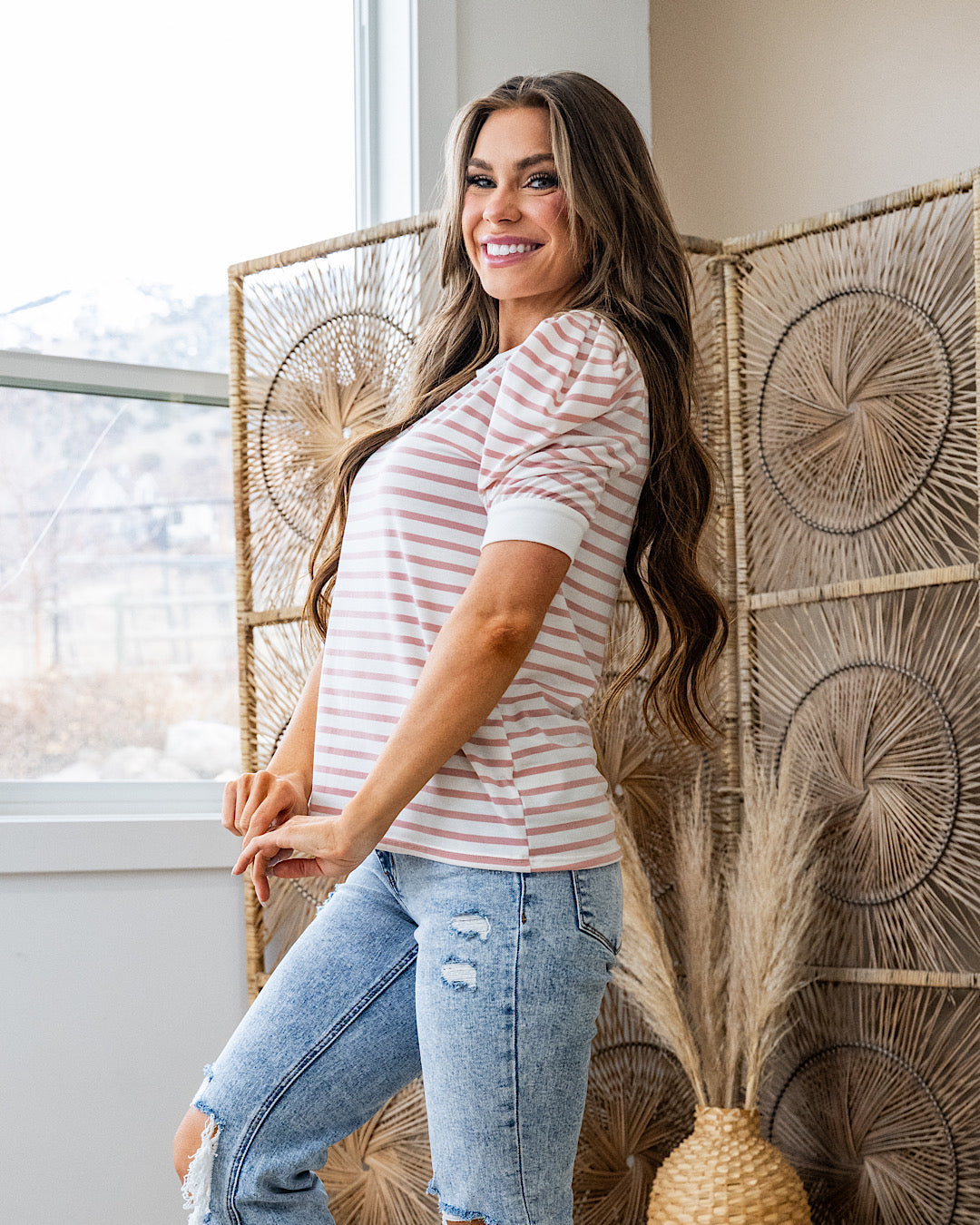 Hillary Striped Puff Sleeve Top - Pink FINAL SALE Lovely Melody