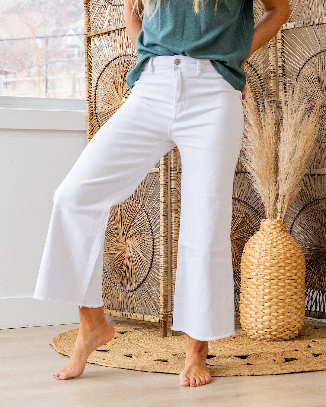 Mae Wide Leg Cropped Jeans - White Zenana