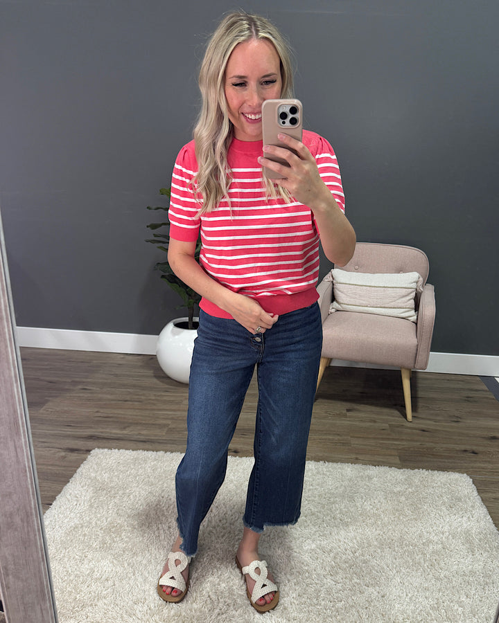 Ava Striped Short Sleeve Sweater - Coral Pink SALE Bibi