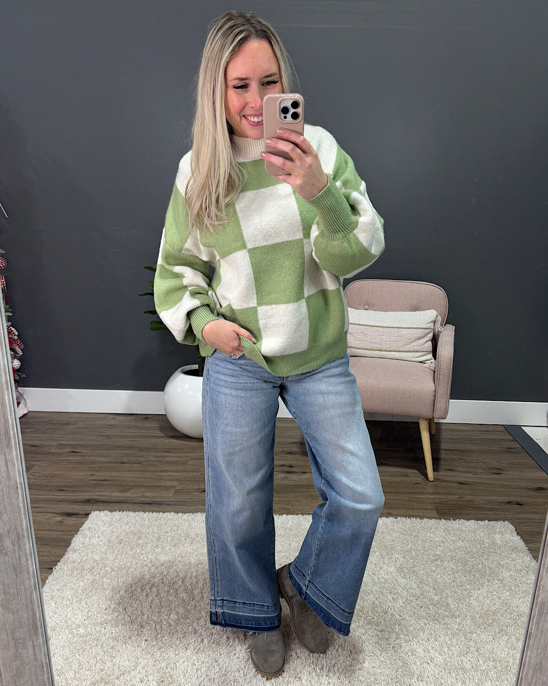 DOORBUSTER! Checkered Sweater - Sage & Ivory Lovely Melody