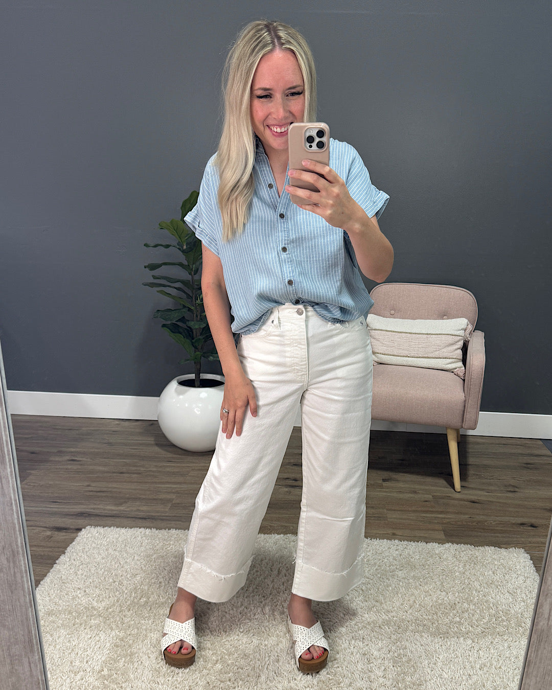 Emmy Blue Striped Tencel Button Up Top FINAL SALE Be Cool