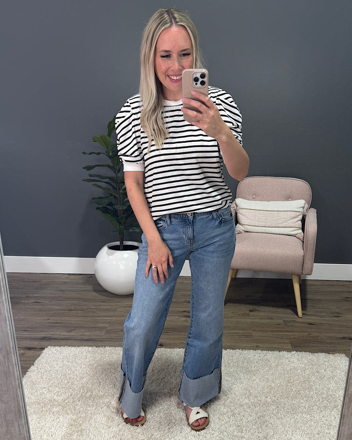 Hillary Striped Puff Sleeve Top - Black SALE Lovely Melody