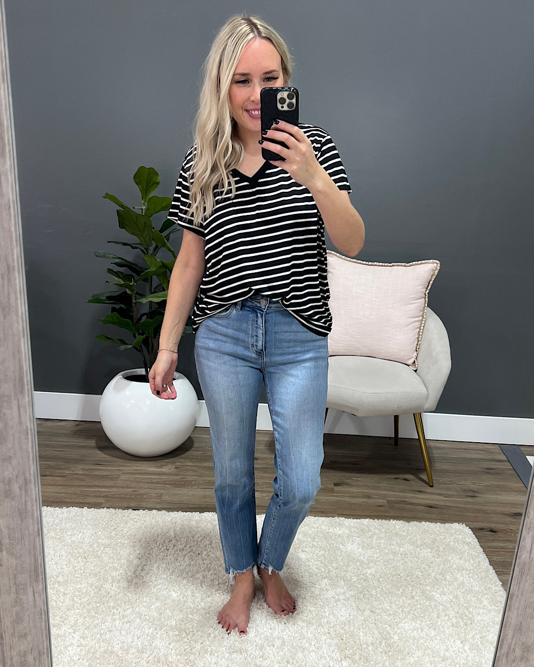 Hendrix Striped V Neck Pocket Top - Black FINAL SALE Sew In Love