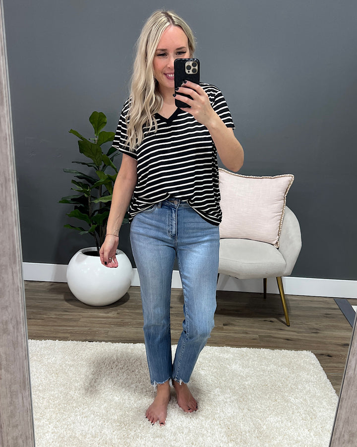 Hendrix Striped V Neck Pocket Top - Black FINAL SALE Sew In Love