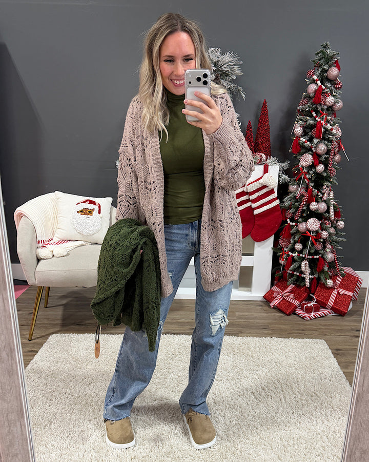 NEW! Roselin Pointelle Open Cardigan - Olive Bibi