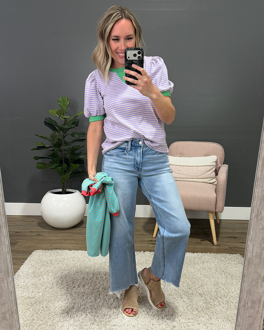 NEW! Becky Striped Puff Sleeve Top - Lavender & Green Staccato