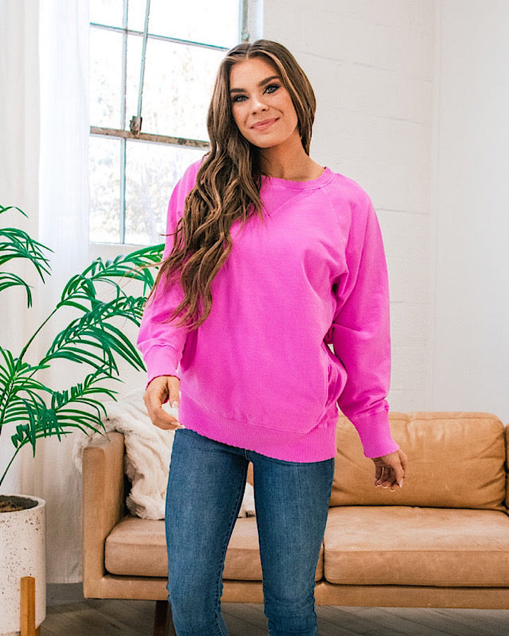 Girlfriend Crewneck Sweatshirt - Neon Hot Pink Zenana