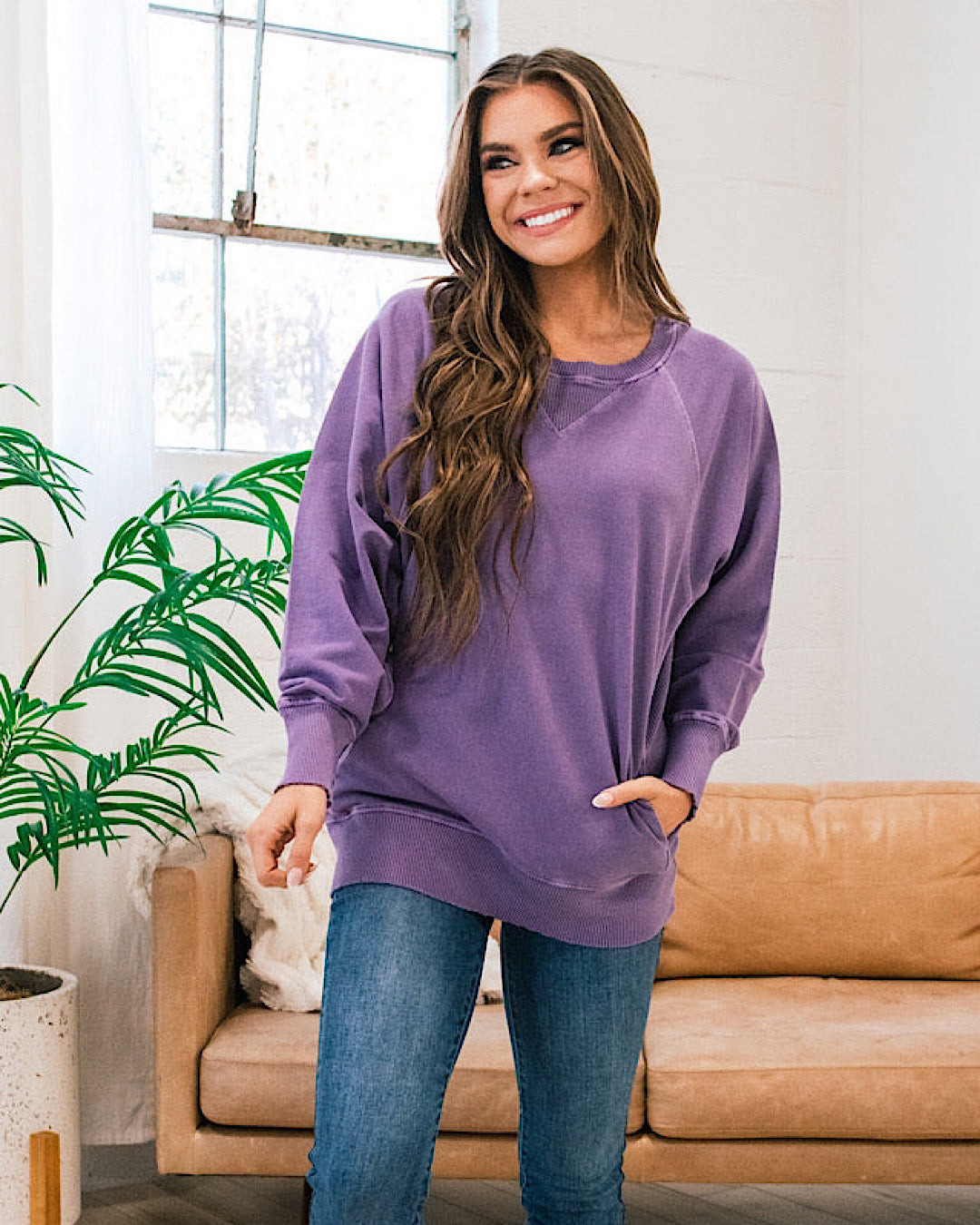 Girlfriend Crewneck Sweatshirt - Lilac Gray Zenana