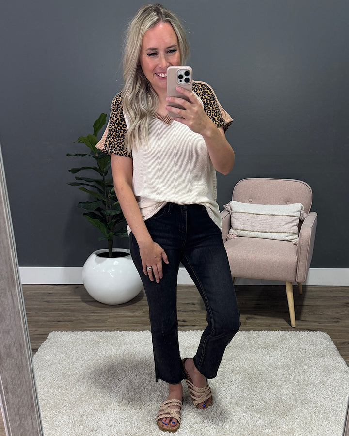 Robin Corded V Neck Top with Leopard Detail - Oat FINAL SALE Lovely Melody