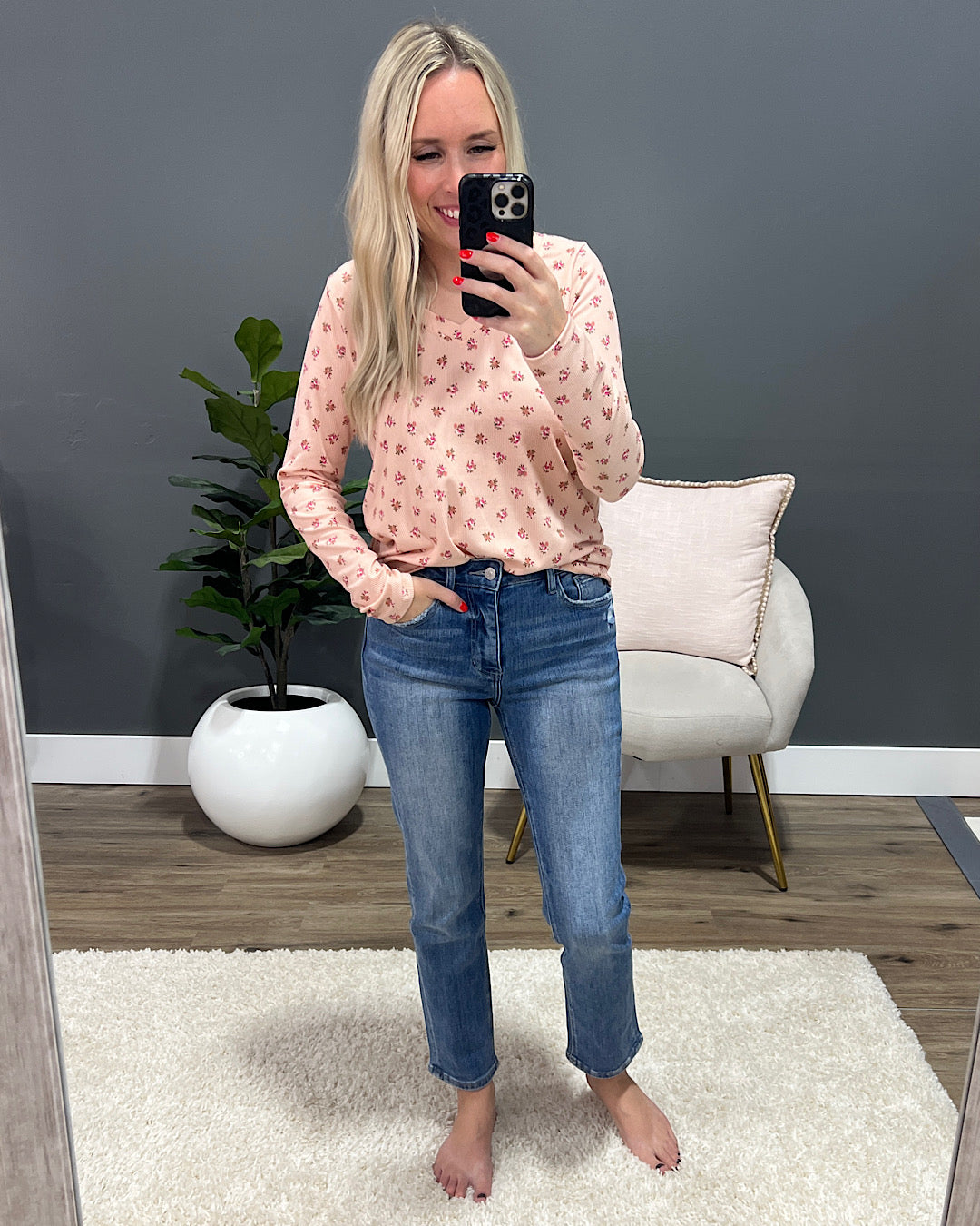 DOORBUSTER! Ribbed Floral V Neck Top - Blush PS Kate
